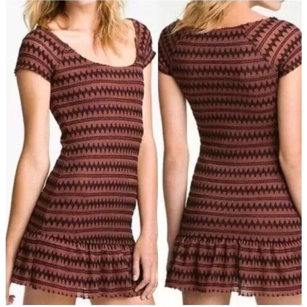 Free People Burgundy and Black Patterned Scoop-Neck Mini Dress
